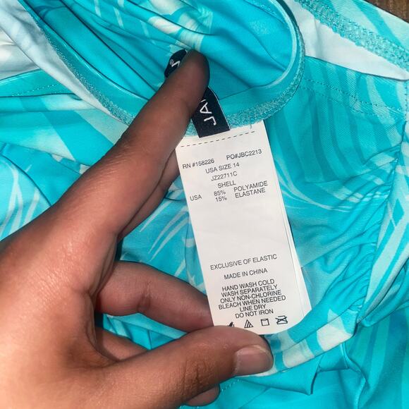 Jantzen Teal Blue Tropical Hawaiian Swim Bathing Suit Over Skirt Women's Size 14 - Picture 8 of 8